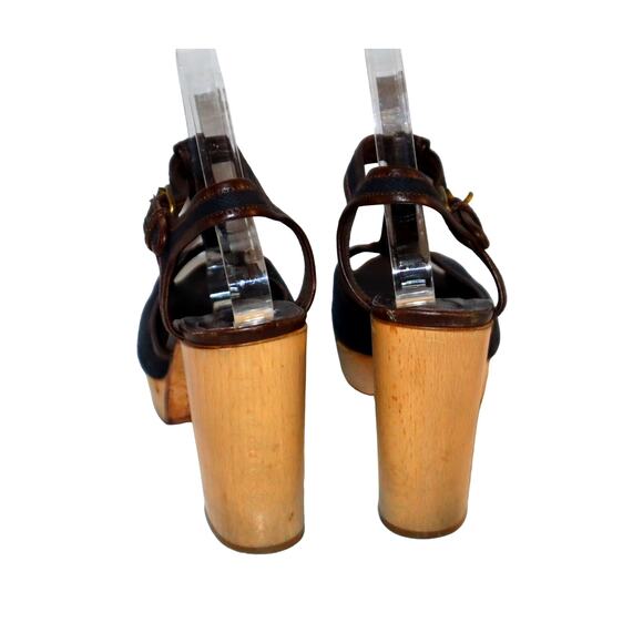 Women's Chloe Brown & Navy Leather-Canvas Strappy Block Heels Sz 39/US 9 - Picture 5 of 7